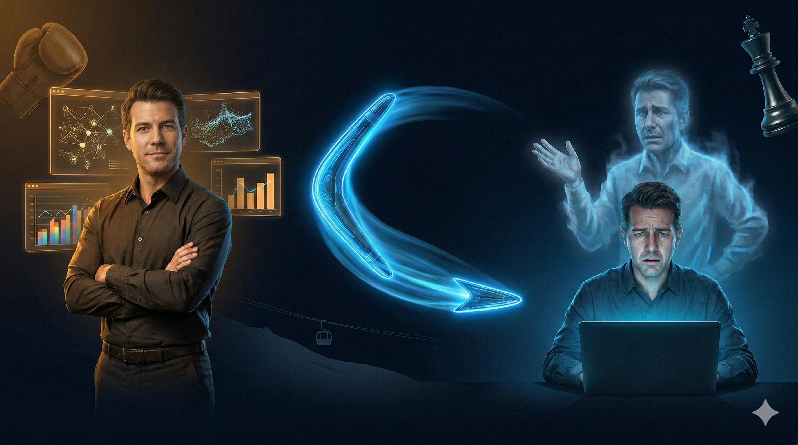 A split-scene illustration showing the same professional twice — confident and arms-crossed on the left surrounded by data dashboards, and hunched over a laptop on the right with a ghost figure looming behind him, a glowing boomerang arcing between them.
