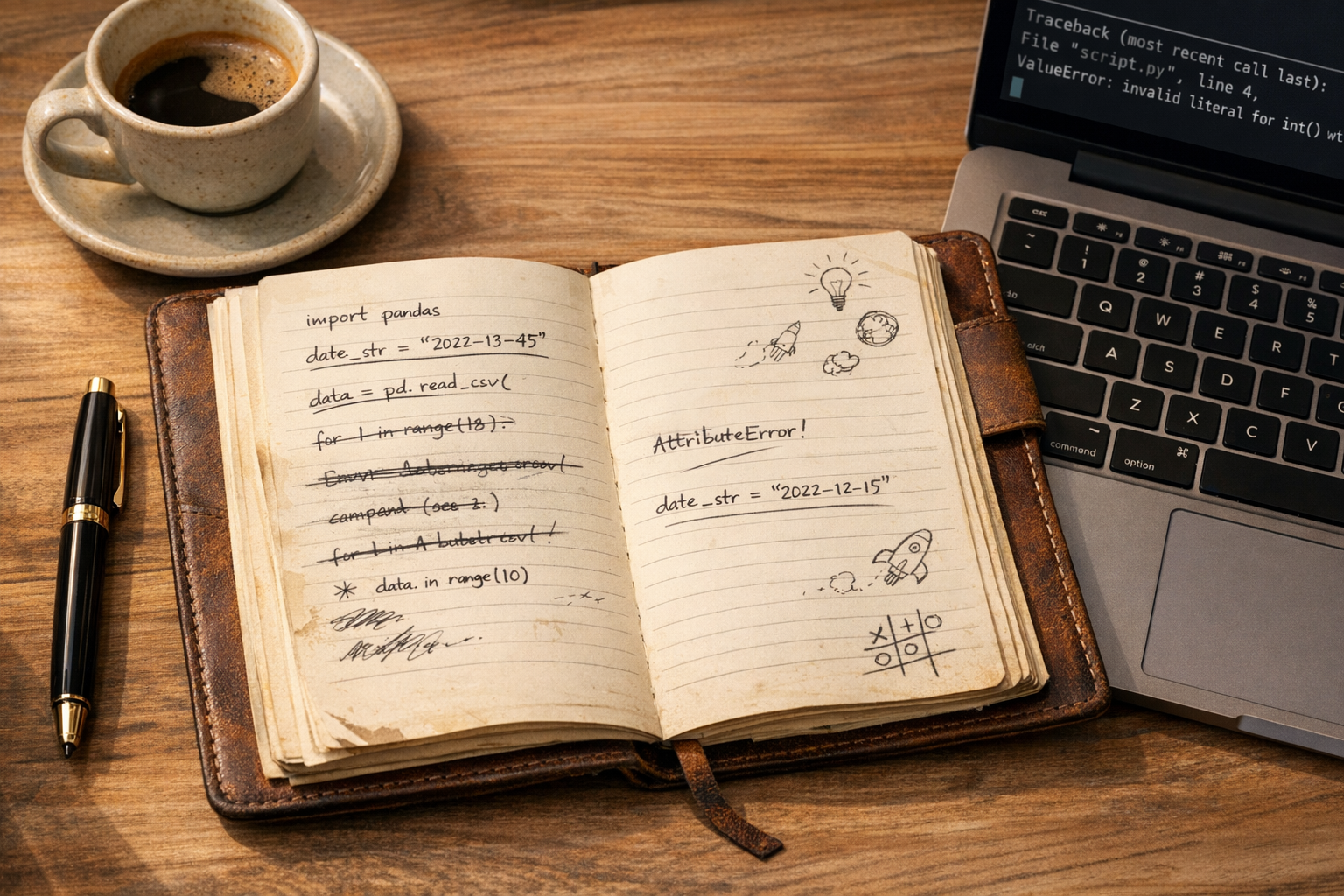 An open field notebook with handwritten Python logic and rocket doodles resting next to a laptop showing a Traceback error and a cup of black coffee.